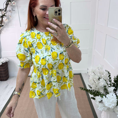 Cici: White lemon printed top. One size: 8-14