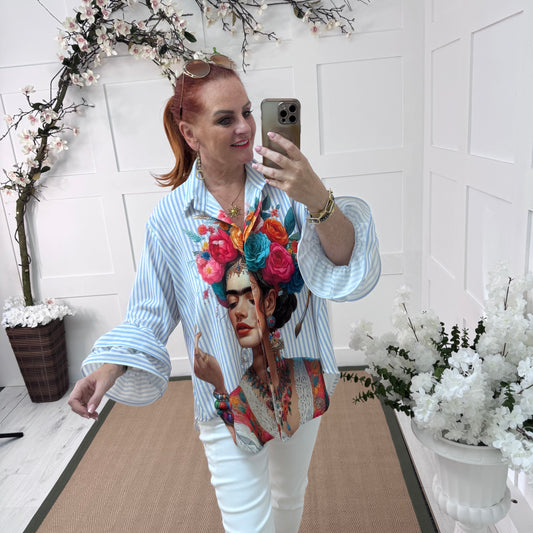 Carmen: Freida Kahlo floral stripe shirt. Sizes: 16-20