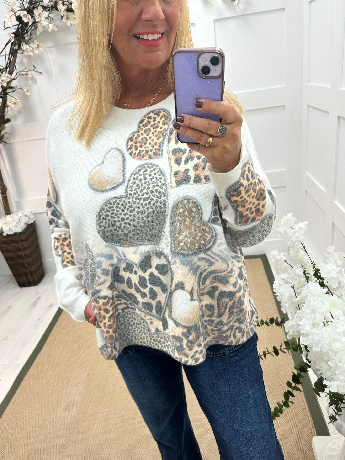 Sorrel: Cream & heart leopard print top. One size: 12-20