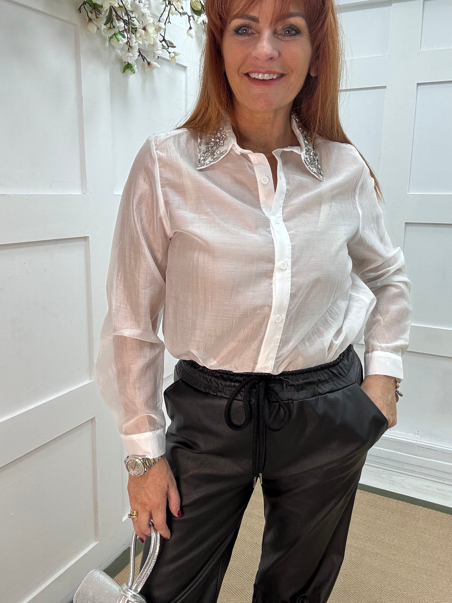 Azira: White rhinestone collar sheer shirt. One size: 10-16