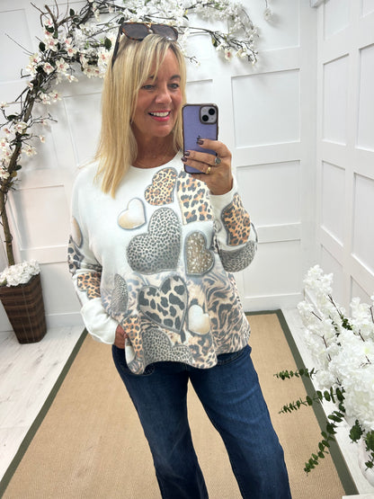 Sorrel: Cream & heart leopard print top. One size: 12-20