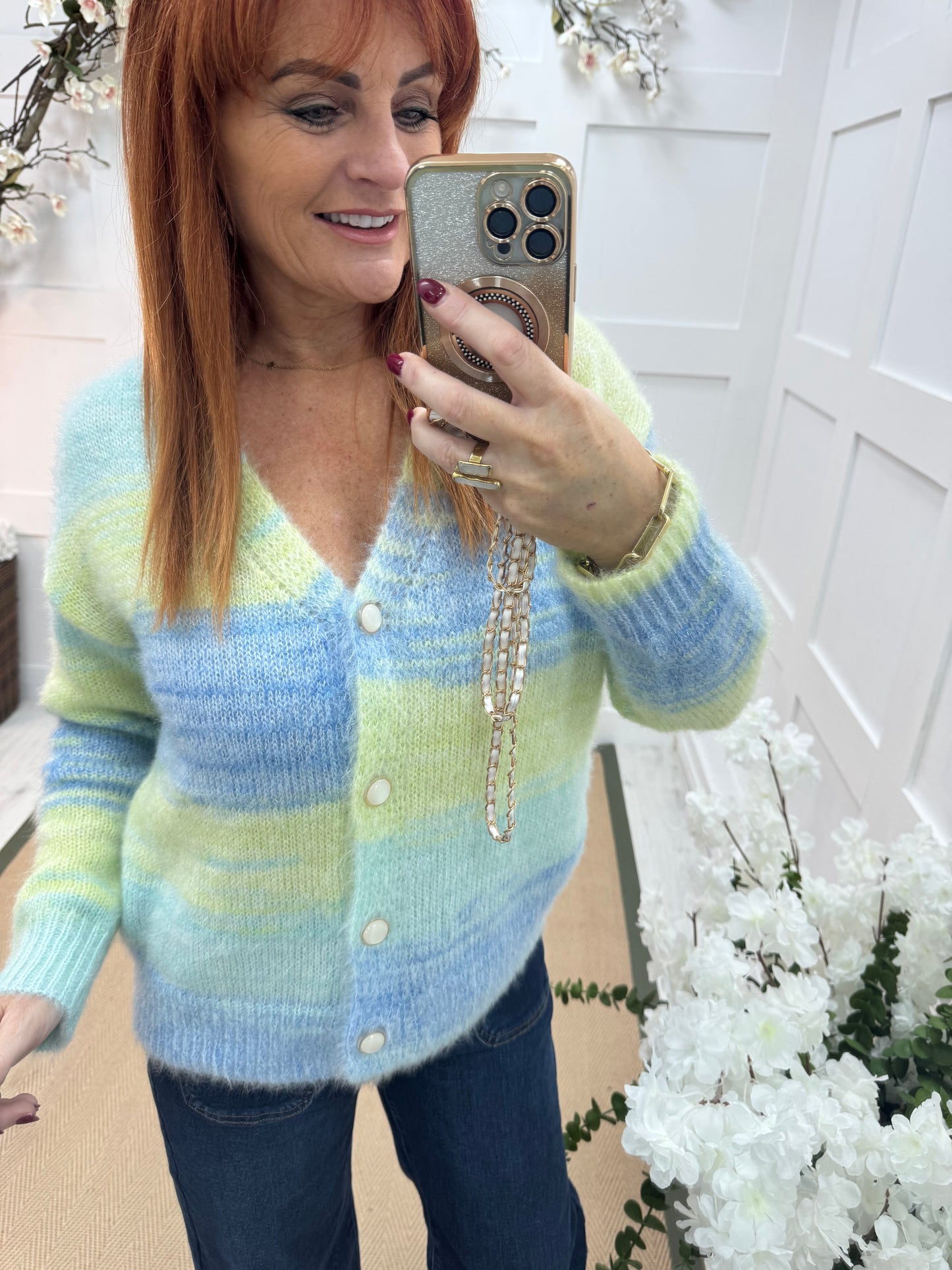 Iris: Blue & lemon stripe V neck cardigan. One size: 12-18