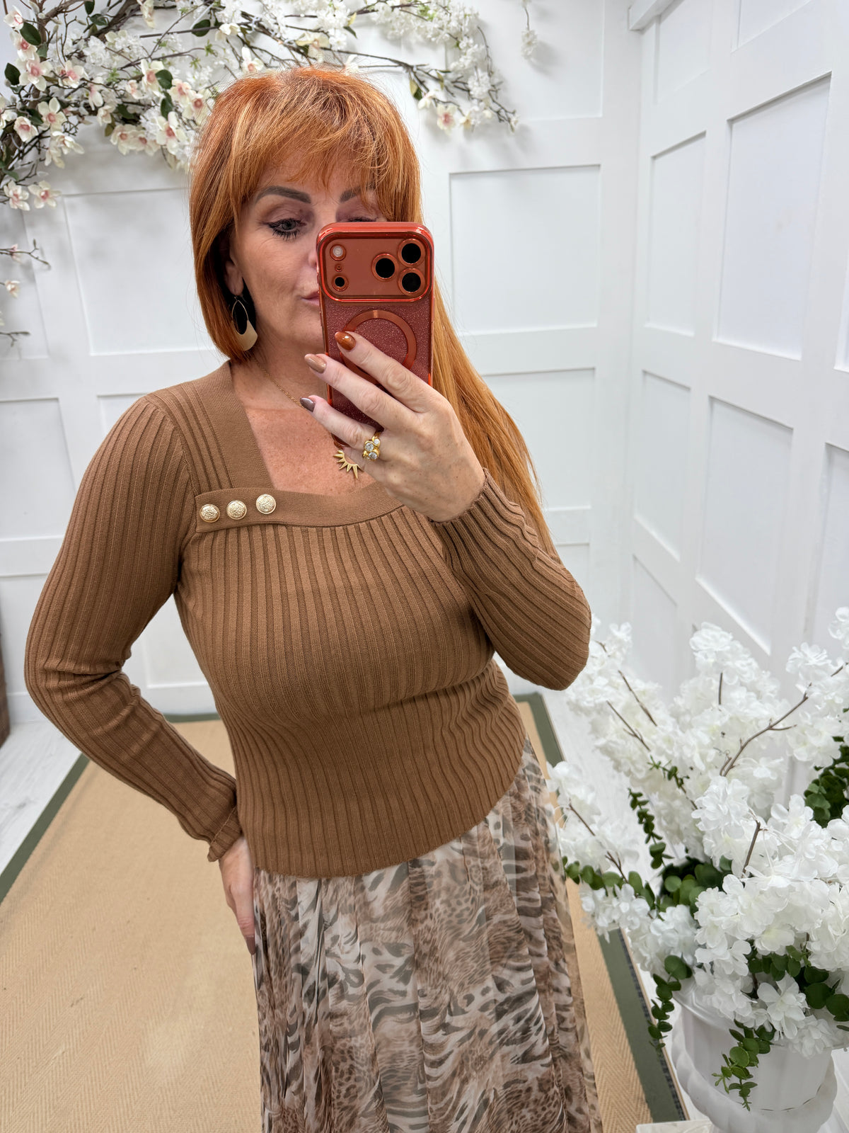 Camille: Ribbed gold button top. 2 sizes. 3 colours