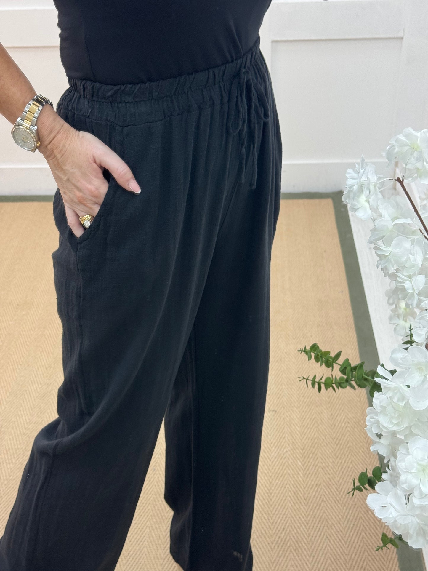 Tori: Black cotton wide leg trousers. One size: 8-16