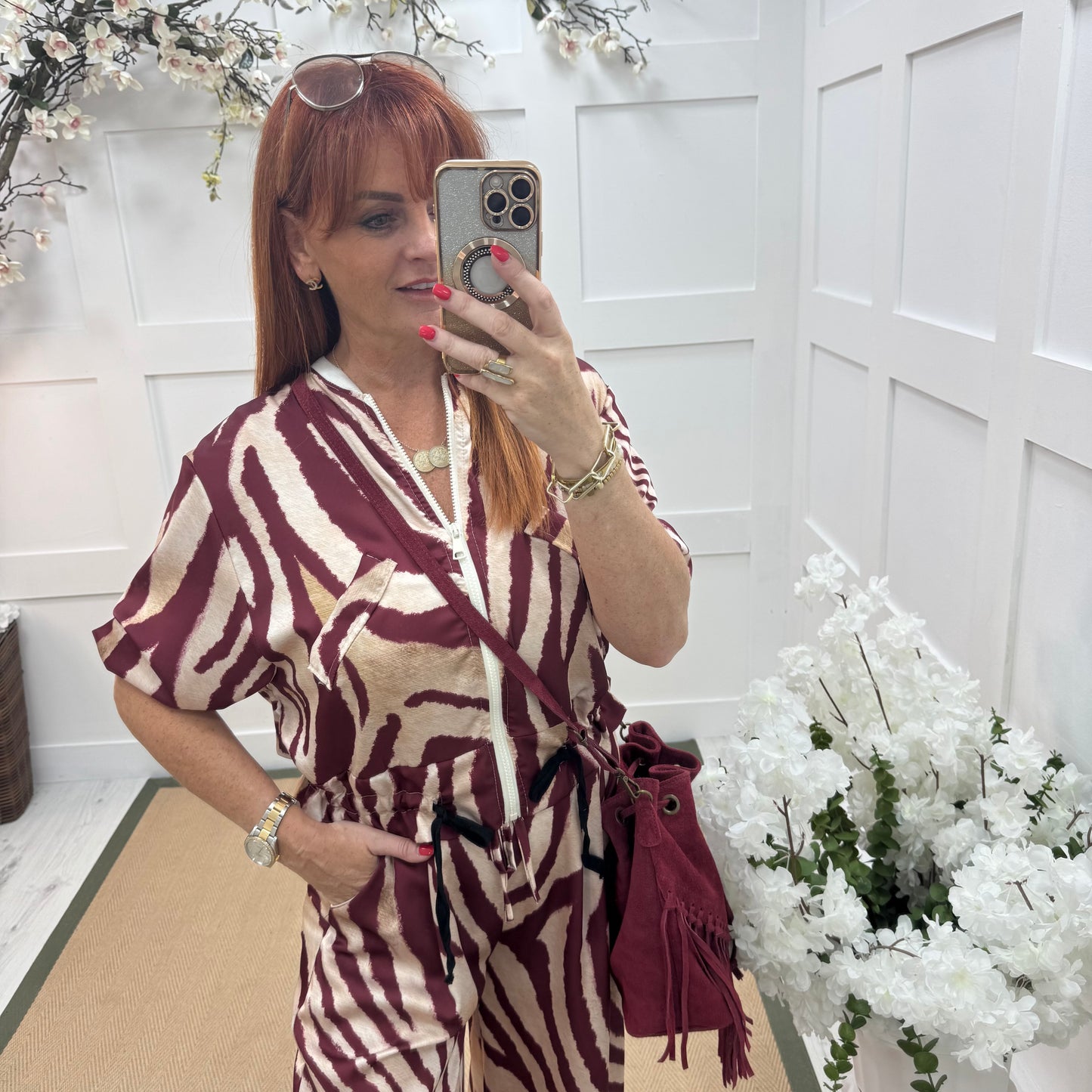 Julie: Silky burgundy zebra printed bomber jacket. One size: 10-16