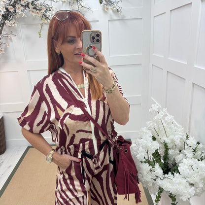 Julie: Silky burgundy zebra printed bomber jacket. One size: 10-16