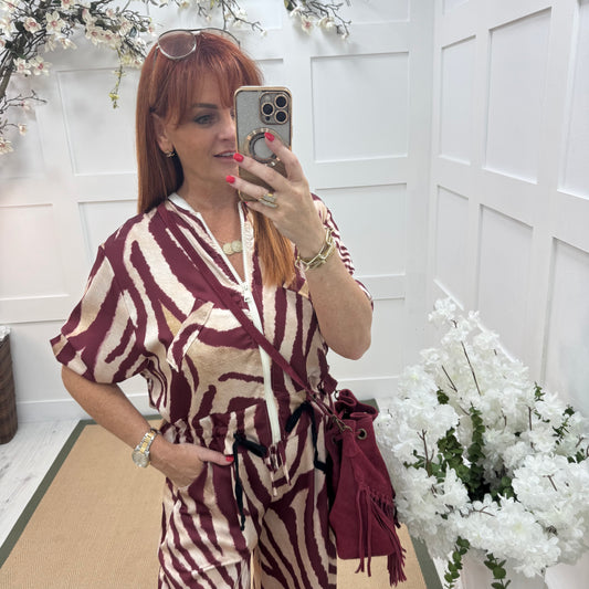 Julie: Silky burgundy zebra printed bomber jacket. One size: 10-16