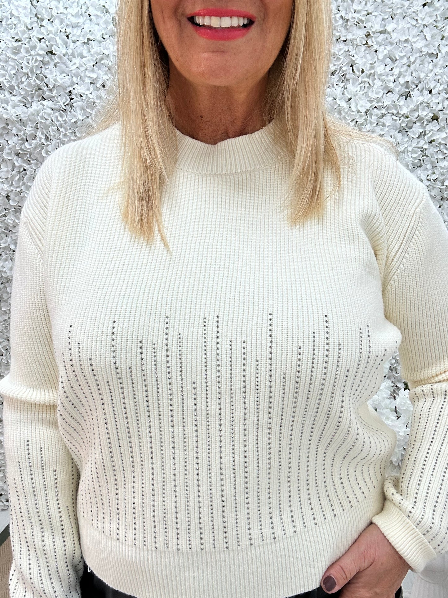 Cora: White ribbed sparkle knit. One size: 12-18