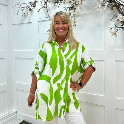 Olivia: Lime oversized abstract cotton shirt. One size: 16-22
