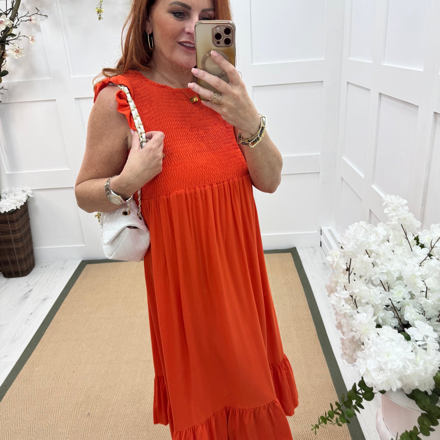Cara: Orange shirred midi dress. One size 10-18