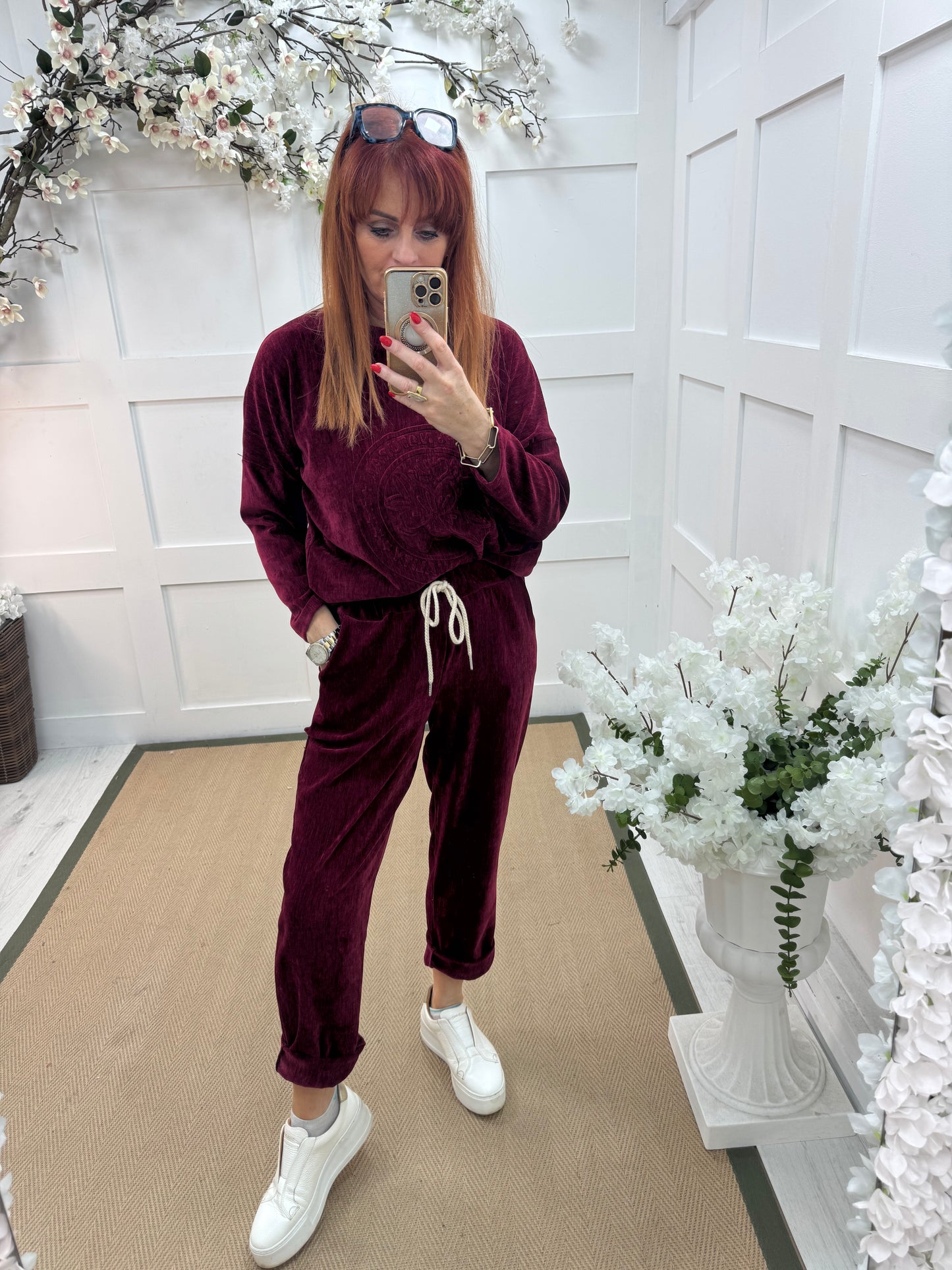 Velma: Burgundy velour trousers. One size: 12-18