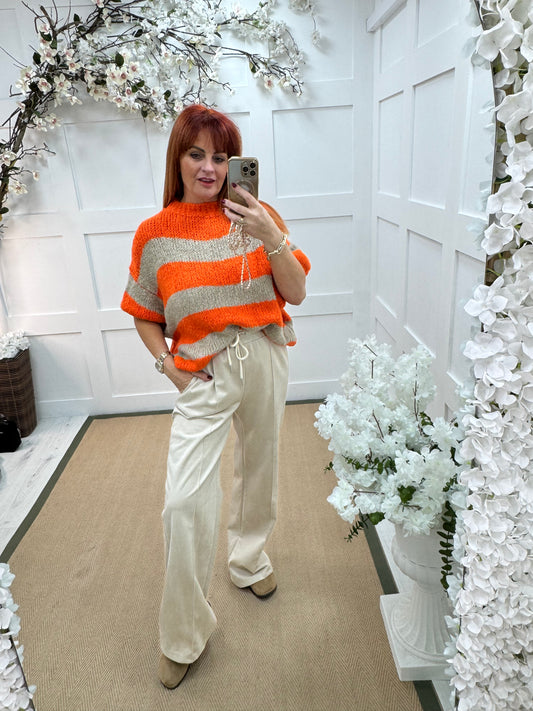 Mabel: Beige & orange slouchy jumper. One size 12-18/20