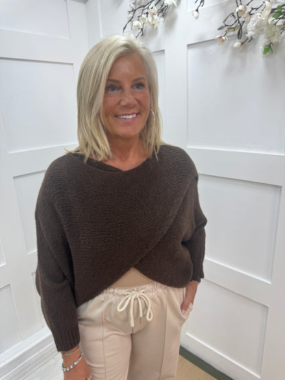 Willow: Chocolate brown stretchy short wrap top. One size: 10-18