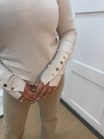 Riley: Beige gold button knitted top. Two sizes.