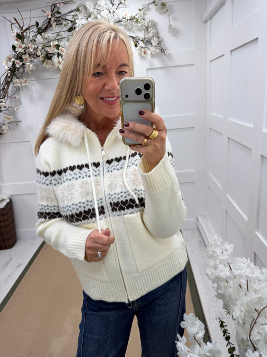 Fifi: Cream fur hooded knit cardigan. One size: 12-16