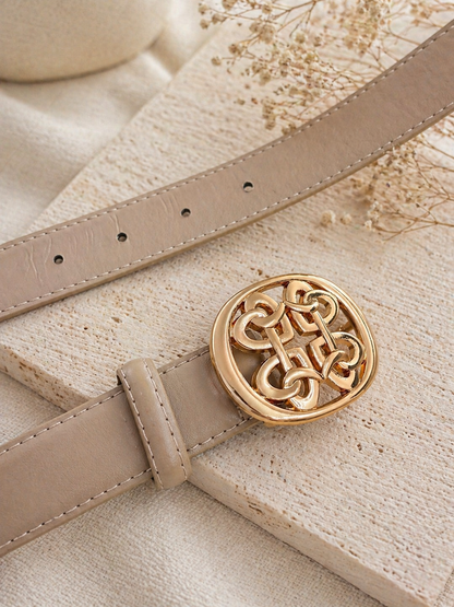 Loren: Taupe gold round buckle belt. One size