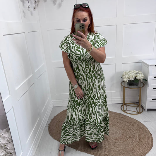 Ember: Green & cream V neck maxi dress. Sizes: S-XL