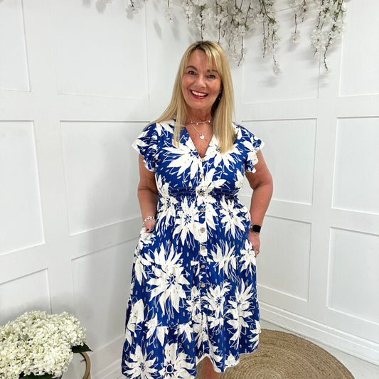 Emmy: Blue & white stretchy V neck midi dress. One size: 10-20