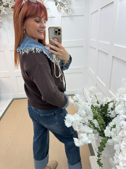 Malin: Brown denim collar long sleeve top. One size: 12-18