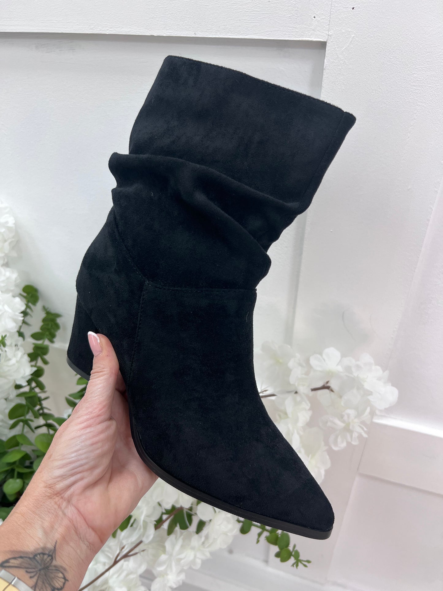 Gwen: Black slouch zip up short boots. Sizes: 3-8