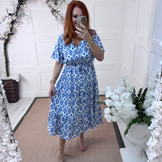 Yamina: Blue & white diamond V neck midi dress. 4 sizes