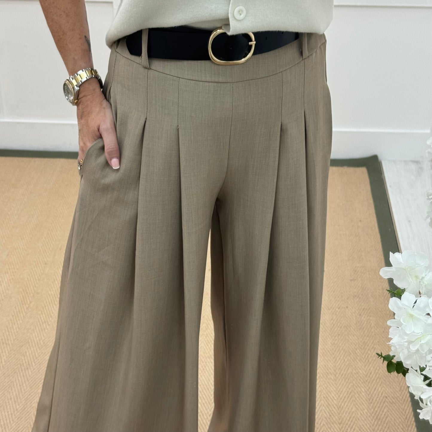 Zina: Taupe pocket wide leg trousers. One size: 8-14