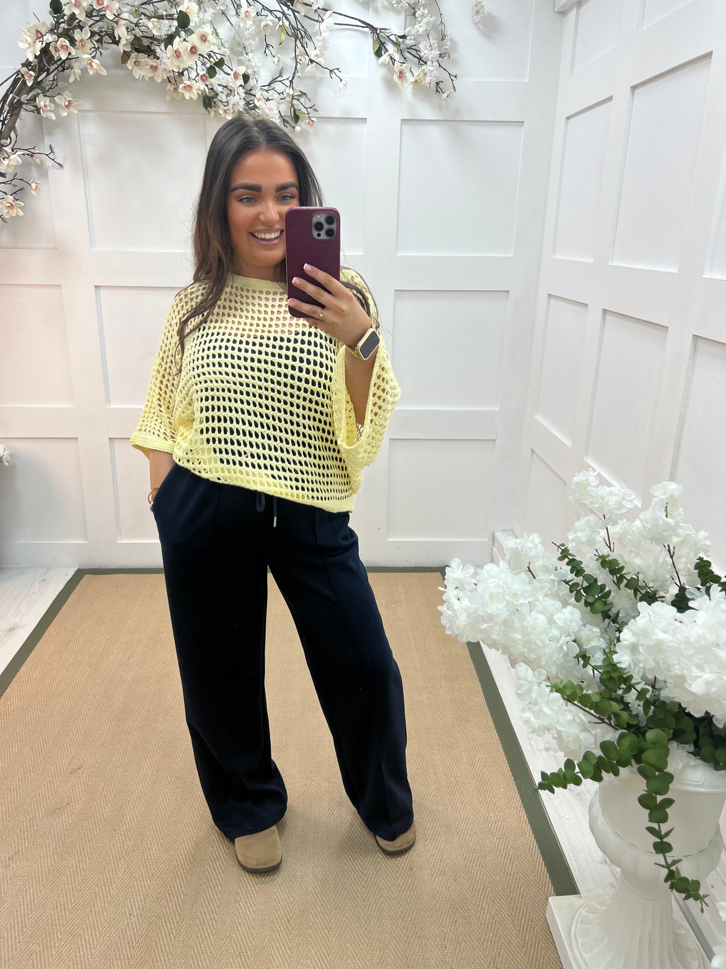 Holly: Lemon 3/4 sleeve holey open knit top. One Sz: 14-18