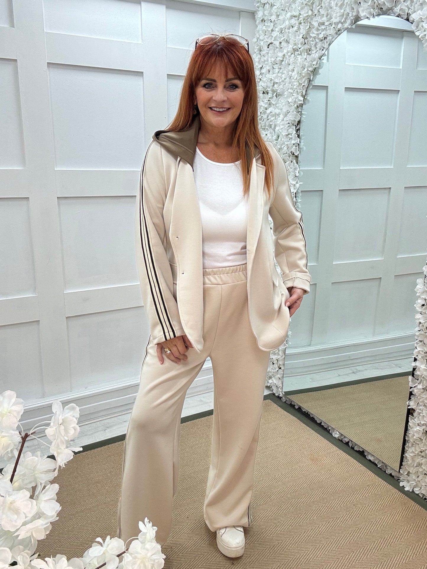 CJ: Cream hooded sports stripe sleeve blazer. One size: 12-18