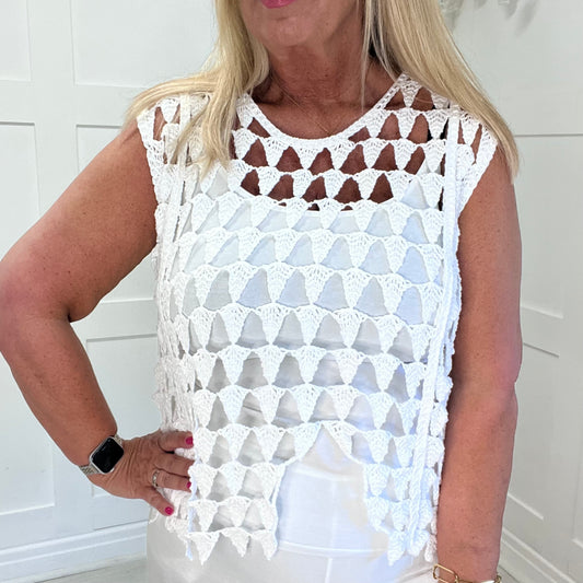 Dolly: White crochet V vest top. One size: 12-18