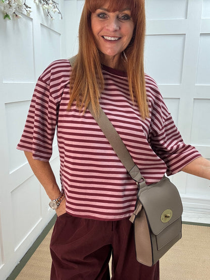 Sobia: Burgundy & pink striped cotton top. One size 12-18