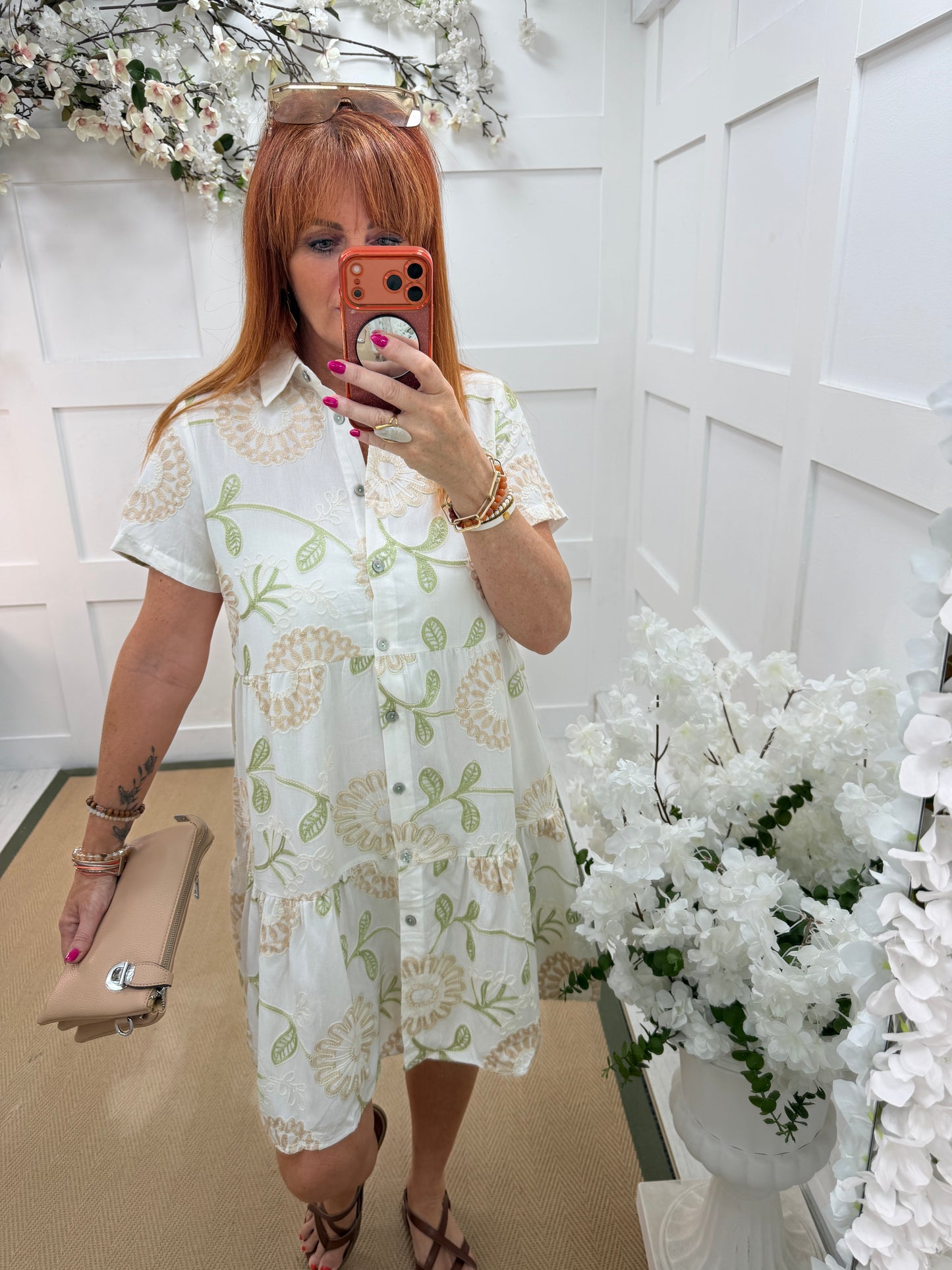 Emily: Floral embroidered button front midi dress. One size: 10-16. 3 colours