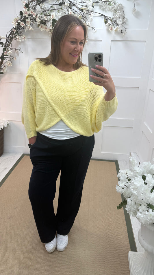 Willow: Lemon stretchy short wrap top. One size: 10-18