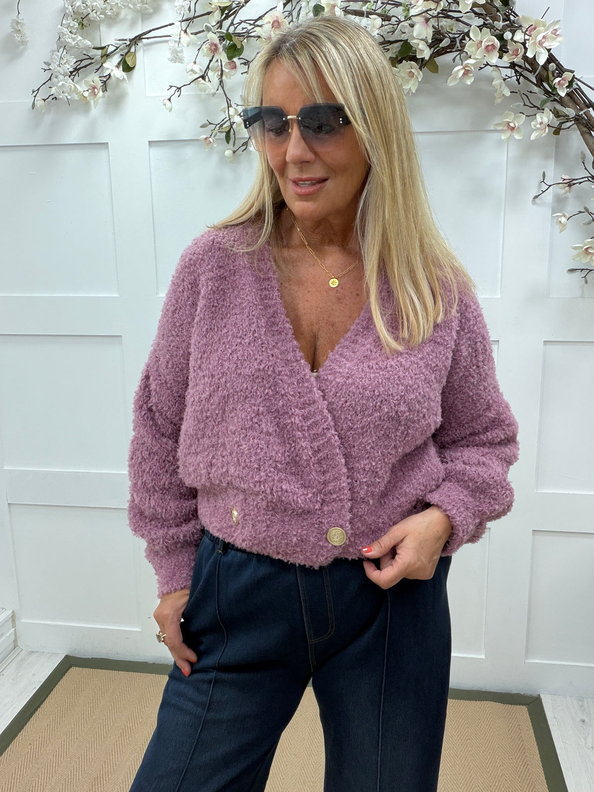 Astrid: Mohair gold button wrap cardigan. One size: 12-18 4 colours