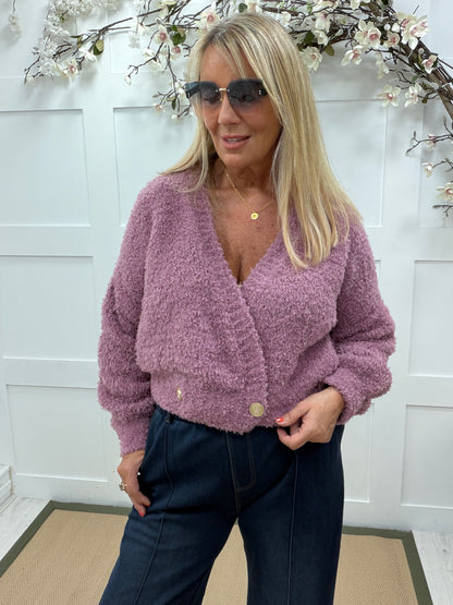 Astrid: Mohair gold button wrap cardigan. One size: 12-18 4 colours