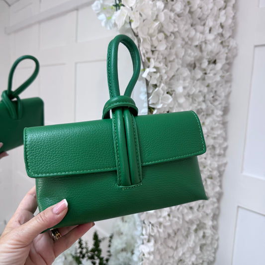 Alexis: Emerald green leather loop handle cross body/clutch bag.