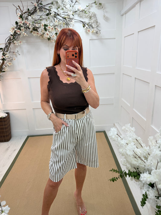 Sienna: Striped belted shorts. One size: 10-16. 3 colours