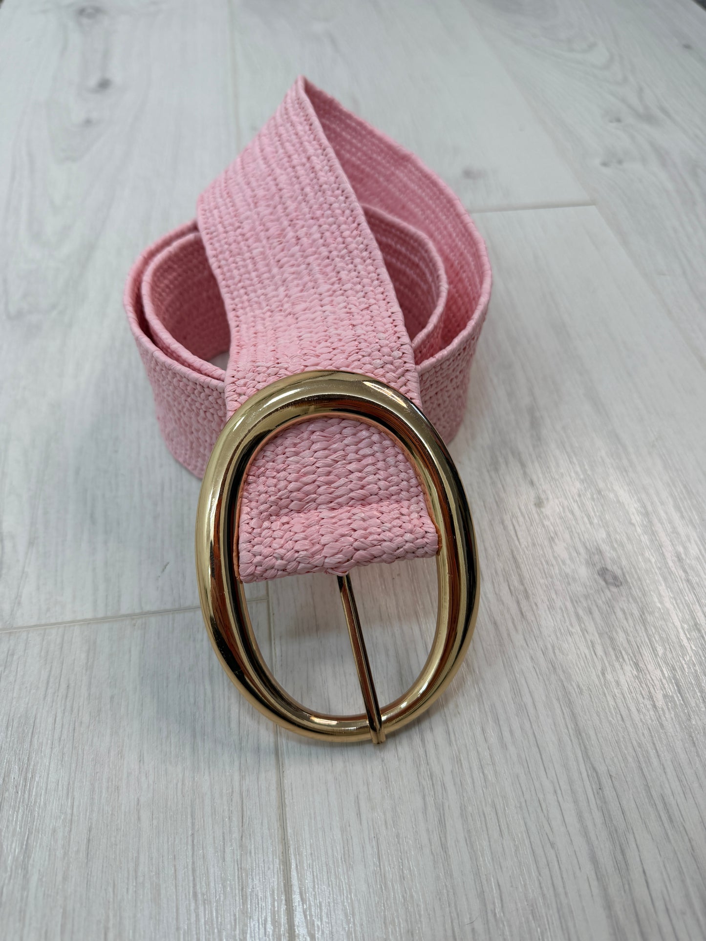 Bonnie: Pink gold buckle wide belt. One size: 8-16
