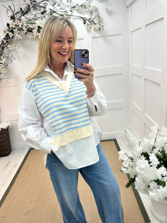 Miranda: Blue stripe tank top shirt. One Size: 14-18