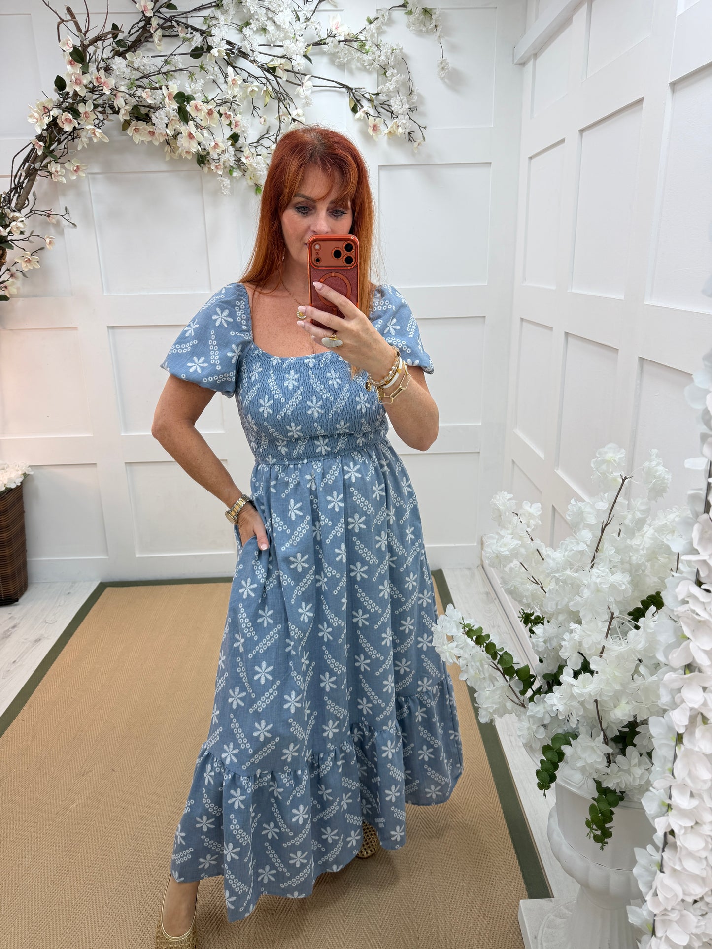 Bonnie: Denim blue & white embroidered maxi dress. 2 sizes