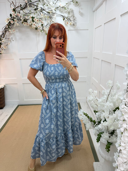 Bonnie: Denim blue & white embroidered maxi dress. 2 sizes