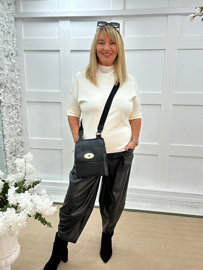 Vanessa: Cream button half sleeve knit. One size: 12-18