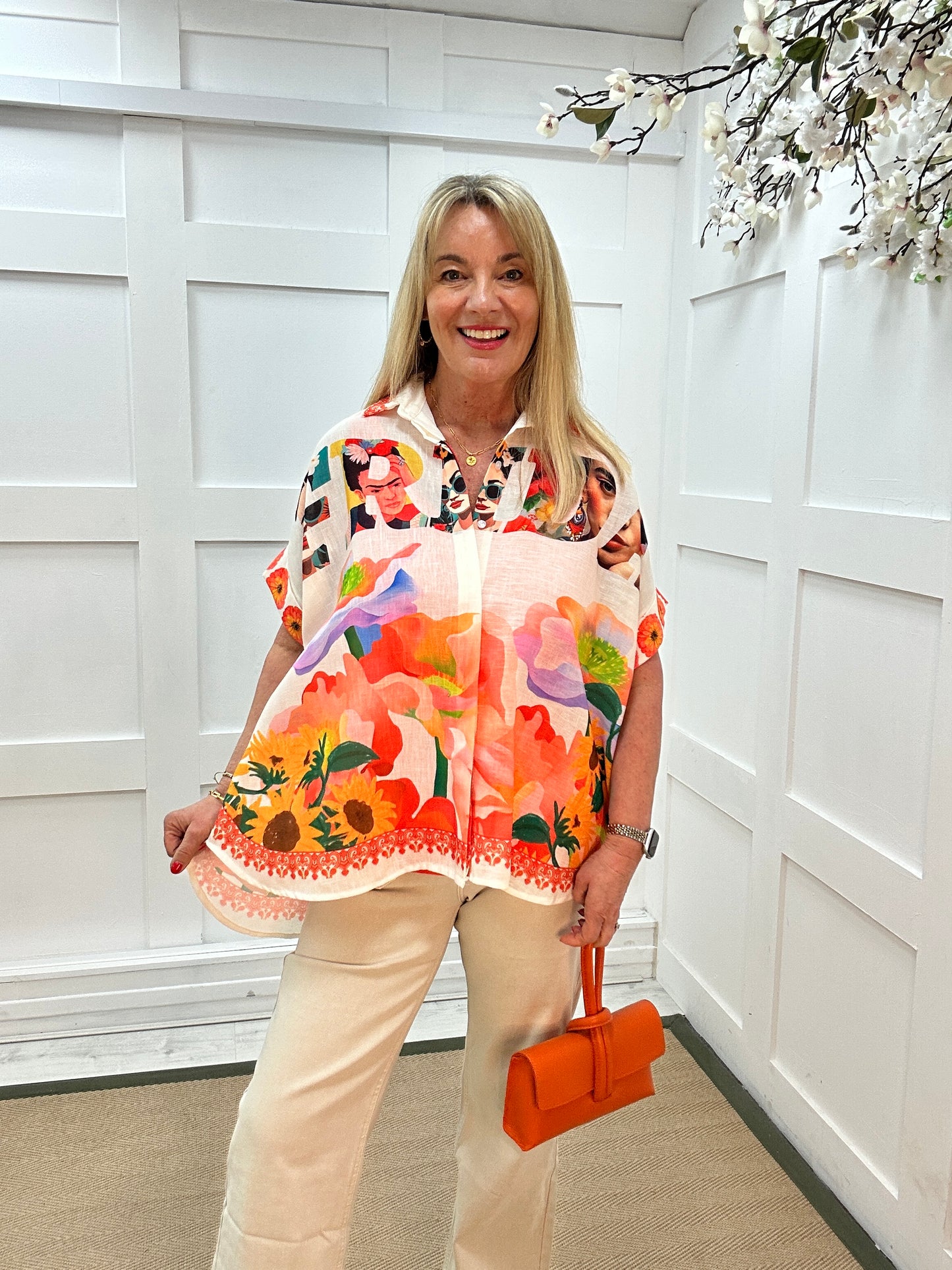 Frida: Multicoloured “Frida Khalo” print oversized shirt. One size: 14-22