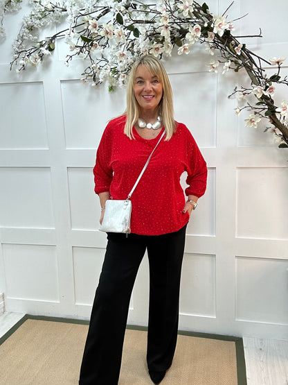 Ava: Red diamanté sparkle top. One size: 12-18