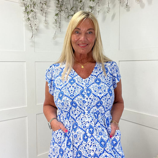 Alicia: China blue & white V neck maxi dress. Sizes: 8-16