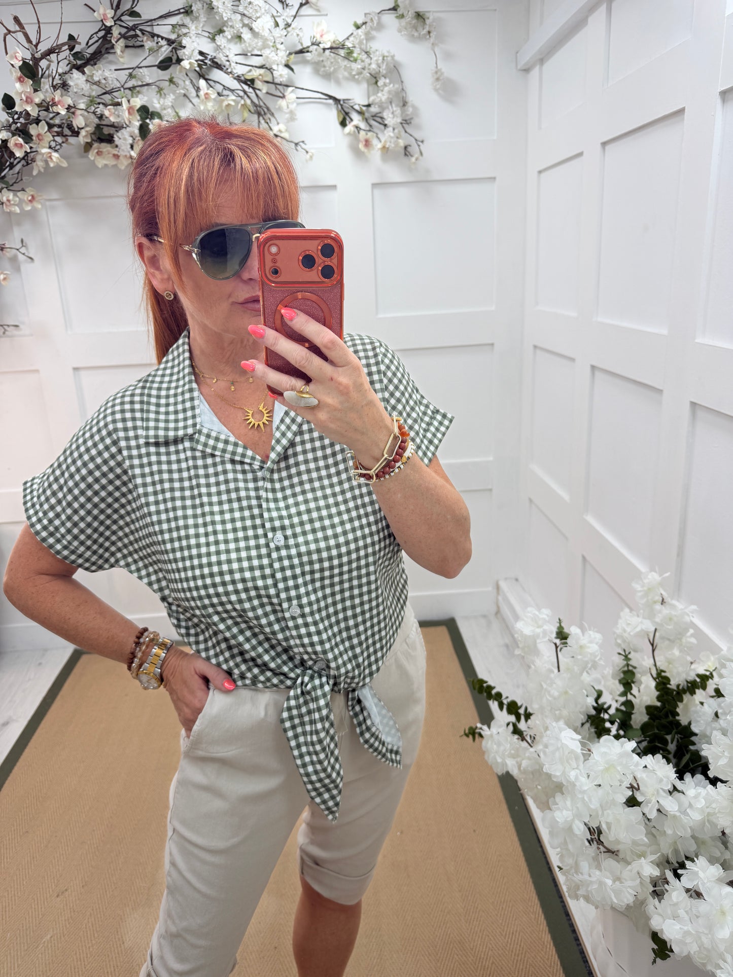 Cassie: Check tie waist shirt. One size: 10-14. 4 colours