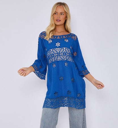 Lydia: Longline blue lace tunic top. One size: 10-16