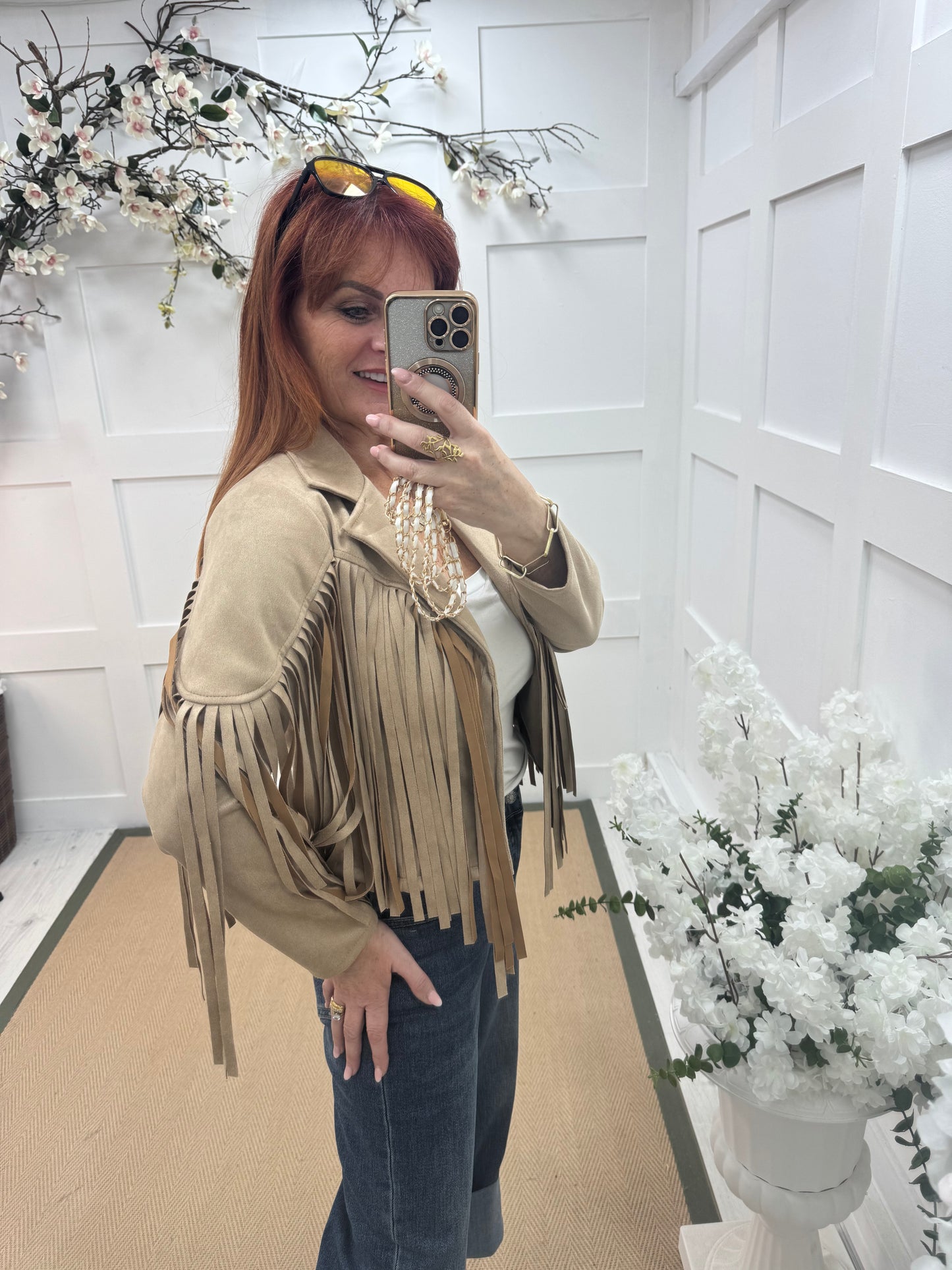 Heidi: Cream short suede fringe jacket. One size: 8-14