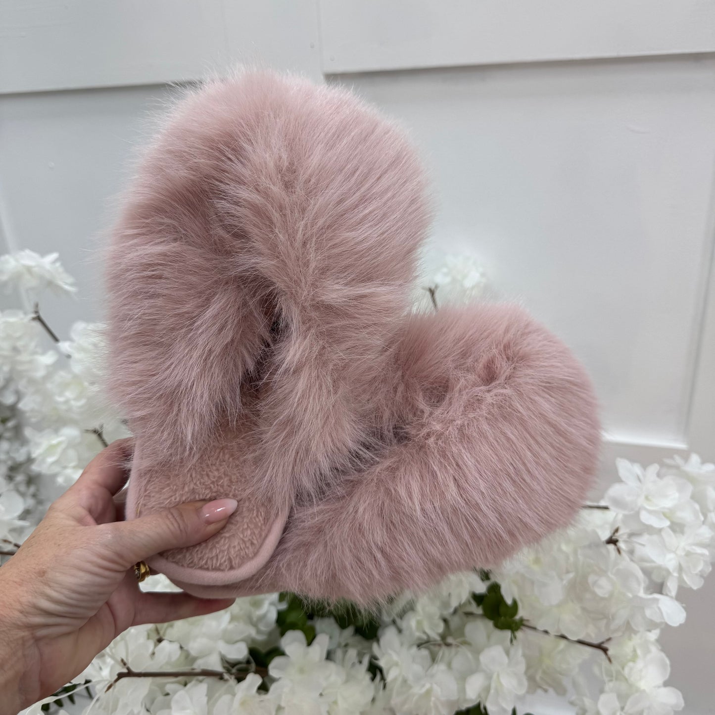 Trixi: Pink fluffy mule slippers. Sizes: 3-8