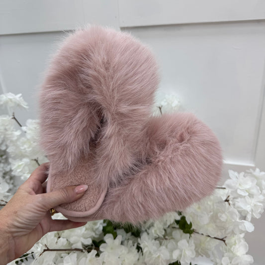 Trixi: Pink fluffy mule slippers. Sizes: 3-8
