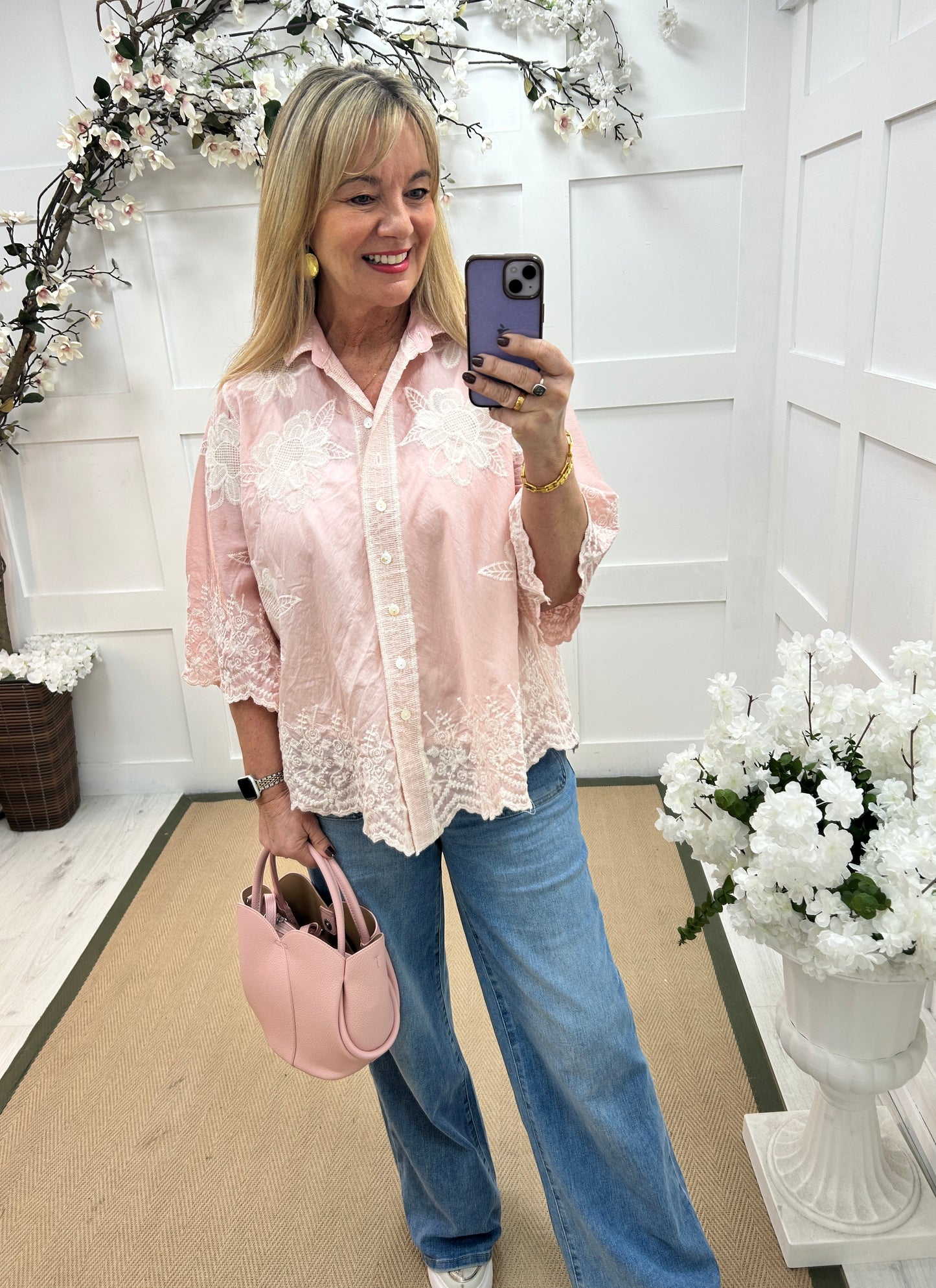 Emily: Pink floral embroidered shirt. One size: 14-20